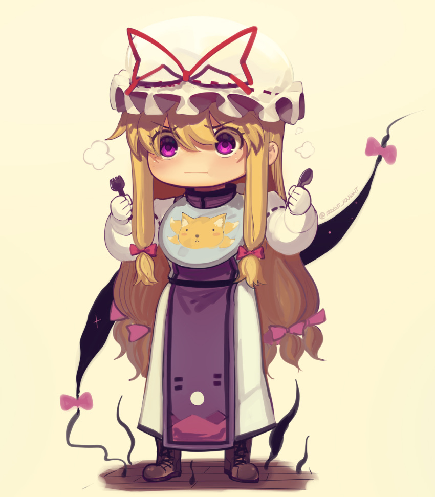 1girl :| bib blonde_hair boa_(brianoa) bow closed_mouth fork gap_(touhou) hair_between_eyes hair_ribbon hat hat_ribbon highres holding holding_fork holding_spoon long_hair mob_cap purple_bow red_ribbon ribbon sidelocks simple_background solo spoon spork standing touhou tress_ribbon v-shaped_eyebrows very_long_hair violet_eyes white_background wooden_floor yakumo_yukari