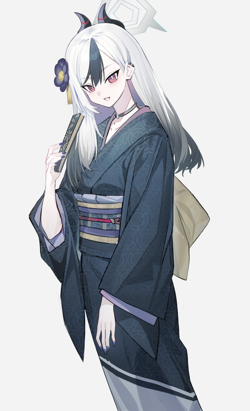 1girl absurdres black_kimono blue_archive blue_nails blush demon_horns ear_piercing echj hair_ornament halo hand_fan highres holding holding_fan horns japanese_clothes kayoko_(blue_archive) kayoko_(new_year)_(blue_archive) kimono long_hair looking_at_viewer mole mole_on_collarbone mole_on_neck multicolored_hair obi official_alternate_costume paper_fan piercing red_eyes sash smile solo streaked_hair teeth white_hair