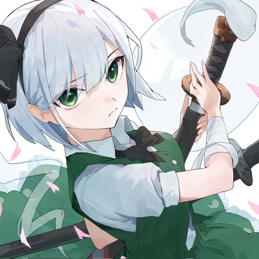 1girl black_bow black_bowtie black_hairband bow bowtie cherry_blossoms closed_mouth commentary ghost green_eyes green_skirt green_vest grey_hair hairband highres holding holding_sword holding_weapon konpaku_youmu konpaku_youmu_(ghost) looking_at_viewer shirt short_hair short_sleeves simple_background skirt skirt_set solo sword symbol-only_commentary touhou uohara_shinji vest weapon white_background white_shirt