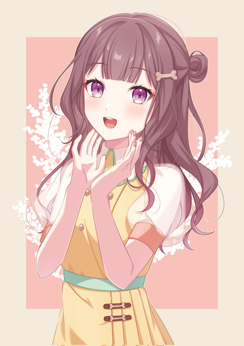 1girl bone_hair_ornament brown_hair dress hair_between_eyes hair_bun hair_ornament highres long_hair open_mouth original pochimaru_(marumaru_wanwan) red_nails short_sleeves solo teeth upper_teeth_only violet_eyes yellow_dress