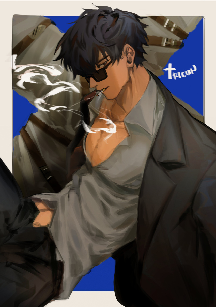 1boy absurdres black_coat black_hair black_pants black_straps blue_background cigarette coat collared_shirt cowboy_shot cross from_side grey_shirt hair_between_eyes highres looking_to_the_side male_focus nicholas_d._wolfwood open_clothes pants pectorals shirt short_hair simple_background smoke smoking solo sunglasses trigun trigun_stampede two-tone_background white_background yohiyosssan