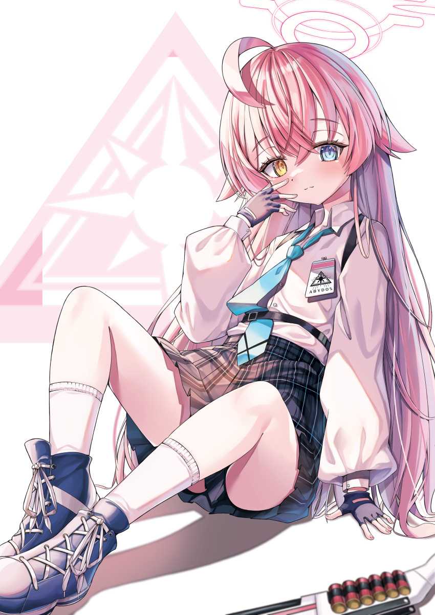 1girl :3 absurdres ahoge alter_(kxk7357) arm_support beretta_1301 black_gloves blue_archive blurry collared_shirt commentary_request depth_of_field finger_to_face fingerless_gloves gloves hair_between_eyes halo heterochromia highres hoshino_(blue_archive) id_card kneehighs knees_apart_feet_together long_hair long_sleeves looking_at_viewer necktie pink_hair plaid plaid_skirt pleated_skirt school_uniform shirt shoes shotgun_shell shoulder_strap sidelocks simple_background sitting skirt sneakers socks solo spread_legs white_background white_socks