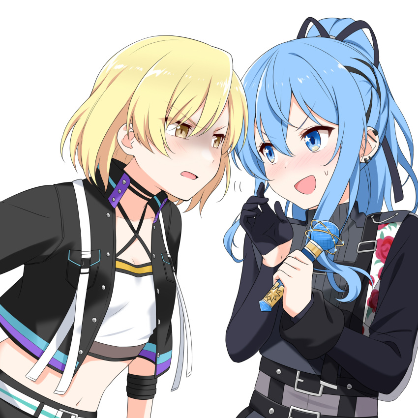 2girls :d bang_dream! belt_buckle black_gloves black_jacket blonde_hair blue_eyes blue_hair blush buckle crop_top cropped_jacket crossover ear_piercing felutiahime floral_print flower glaring gloves hair_ribbon high_ponytail highres holding holding_microphone hololive hoshimachi_suisei jacket leaning_forward long_sleeves microphone midriff multiple_girls navel open_clothes open_jacket open_mouth piercing red_flower ribbon satou_masuki short_hair sidelocks smile star_(symbol) star_in_eye sweatdrop symbol_in_eye virtual_youtuber white_background yellow_eyes