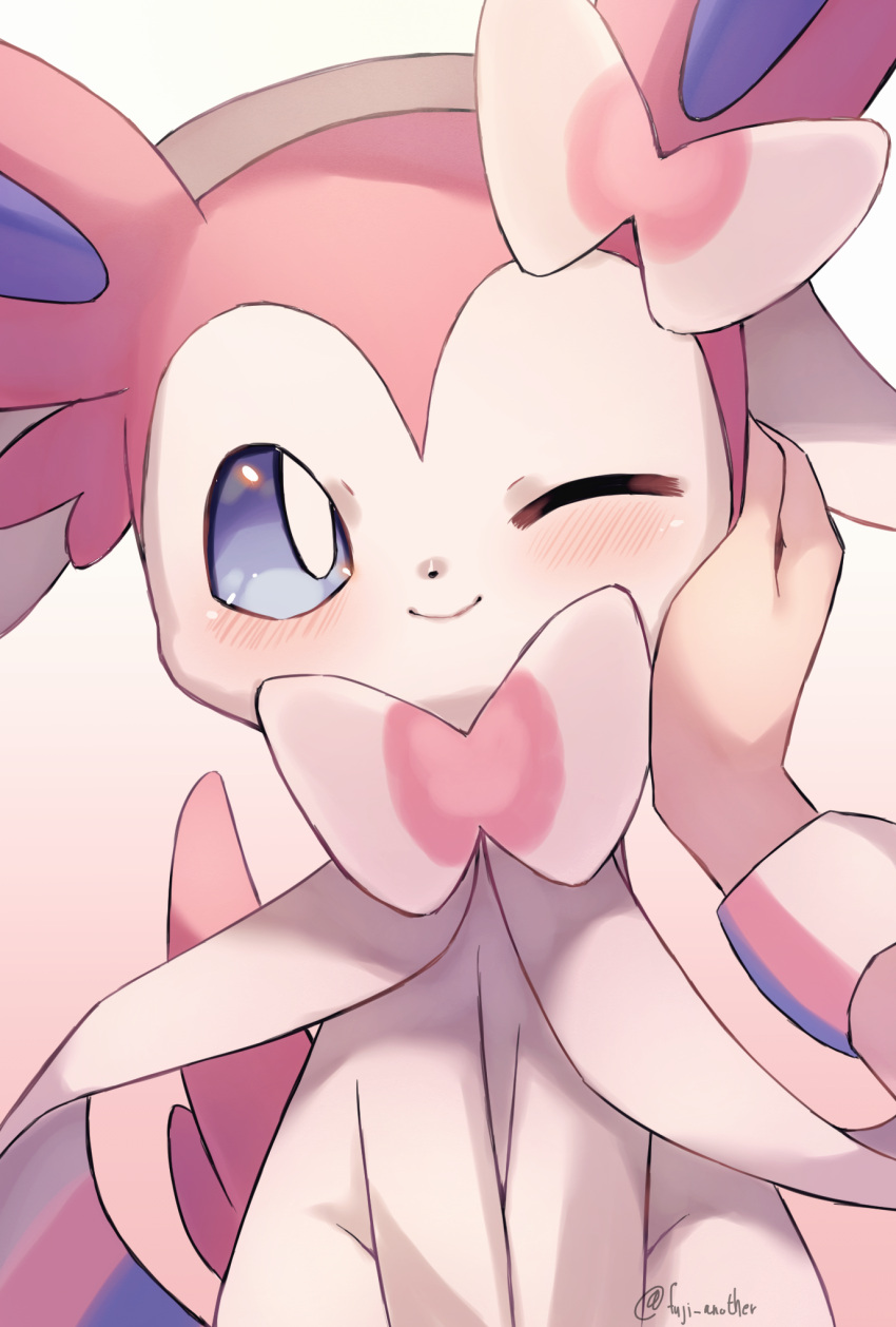artist_name blue_eyes blush closed_mouth commentary hand_on_another's_cheek hand_on_another's_face highres katsukare long_sleeves looking_at_viewer one_eye_closed pastel_colors pink_background pokemon pokemon_(creature) pov smile sylveon twitter_username