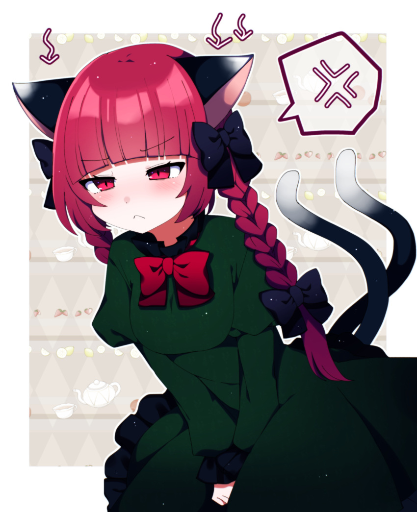 1girl :&lt; absurdres anger_vein blush border braid cat cat_tail closed_mouth dress frilled_dress frills green_dress highres juliet_sleeves kaenbyou_rin long_hair long_sleeves multiple_tails puffy_sleeves red_eyes redhead solo spoken_anger_vein tail touhou twin_braids two_tails upper_body white_border you_(noanoamoemoe)