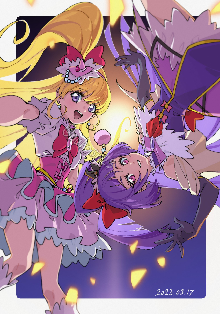 2girls black_gloves blunt_bangs bow commentary_request cure_magical cure_miracle diamond-shaped_brooch earrings elbow_gloves gloves half_updo hat highres jewelry long_hair magical_girl mahou_girls_precure! medium_bangs mini_hat mini_witch_hat multiple_girls nukosann pink_bow pink_eyes precure purple_hair red_bow short_bangs swept_bangs violet_eyes witch_hat
