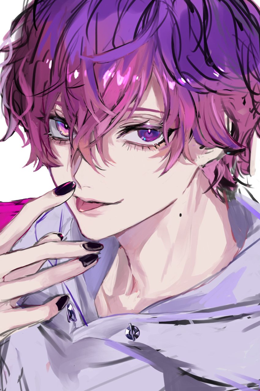 1boy :p absurdres ancoo_mm black_nails eyelashes fingernails gradient_hair hair_between_eyes hand_on_own_face heterochromia highres hood hoodie jacket looking_at_viewer male_focus mole mole_on_neck multicolored_hair nijisanji nijisanji_en pink_hair portrait purple_hair purple_jacket simple_background smile solo tongue tongue_out uki_violeta violet_eyes virtual_youtuber white_background white_hoodie