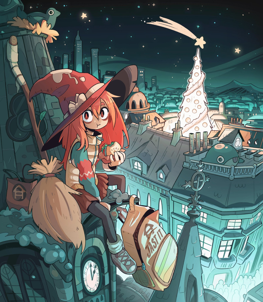 1girl bird boots broom broom_riding building car carles_dalmau city city_lights cityscape clock clock_tower food halloween hat highres long_hair motor_vehicle night night_sky redhead shooting_star sky skyline snowing star_(sky) starry_sky tower witch witch_hat