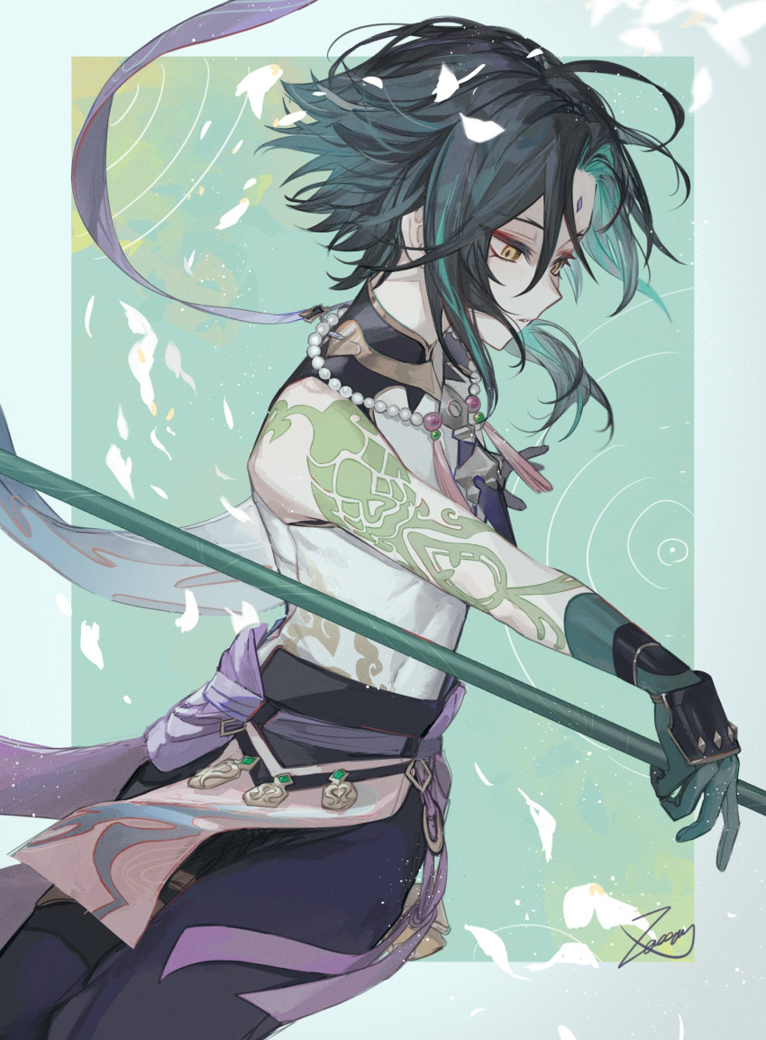 1boy arm_tattoo bead_necklace beads black_hair eyeshadow facial_mark forehead_mark genshin_impact gloves green_gloves green_hair highres holding holding_polearm holding_weapon jewelry makeup male_focus multicolored_hair necklace parted_lips petals polearm red_eyeshadow signature simple_background solo tattoo weapon white_petals xiao_(genshin_impact) yellow_eyes zaso