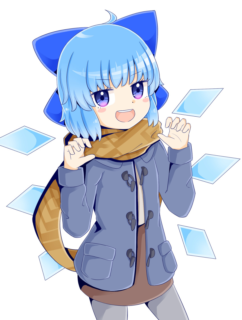 1girl :d ahoge alternate_costume blue_coat blue_hair blue_scarf blush_stickers bow cirno claw_pose coat contrapposto flat_chest hands_up highres ice ice_wings open_mouth orange_scarf pantyhose petite plaid plaid_scarf rozugadena scarf short_hair simple_background smile solo teeth touhou upper_teeth_only white_background wings winter_clothes