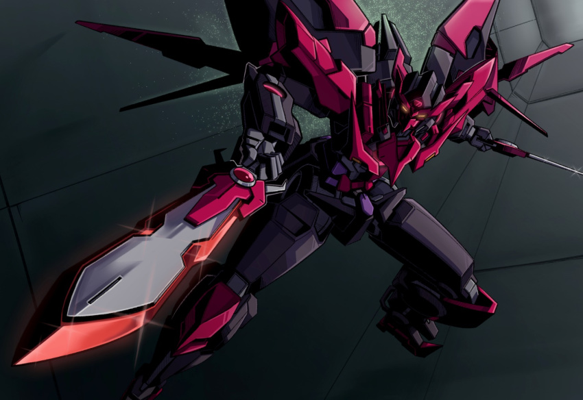 commentary dual_wielding english_commentary flying foreshortening glint glowing glowing_eyes gundam gundam_build_fighters gundam_exia_dark_matter holding holding_sword holding_weapon j_s123 looking_at_viewer mecha mobile_suit no_humans robot science_fiction solo sword weapon yellow_eyes