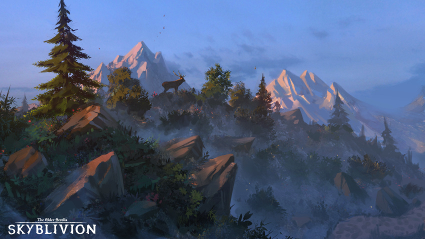 animal blue_sky copyright_name deer highres landscape mountainous_horizon no_humans outdoors pine_tree plant robertogatto sky skyblivion the_elder_scrolls tree watermark