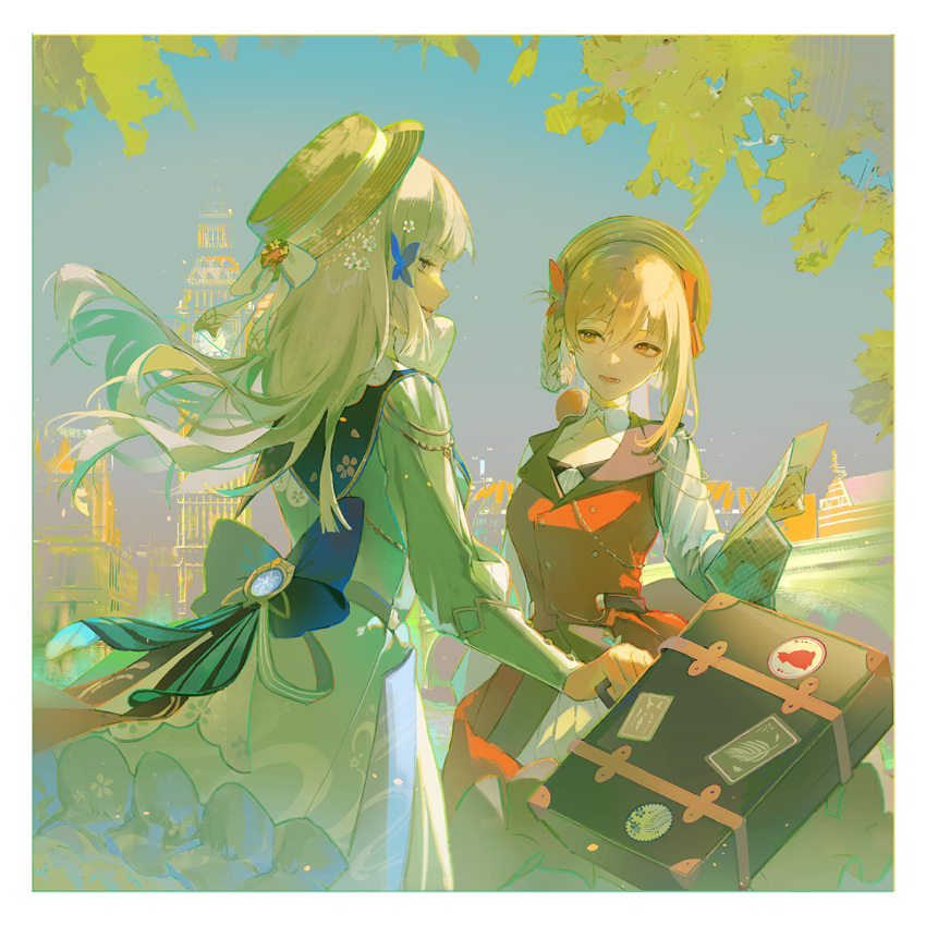 2girls alternate_costume alternate_hairstyle back_bow blonde_hair blue_dress blue_hair border bow brown_headwear building cha_chya clock clock_tower commentary dress flower genshin_impact hat highres holding holding_map holding_suitcase jacket kamisato_ayaka kamisato_ayaka_(springbloom_missive) light_blue_hair long_hair long_sleeves looking_at_another map matching_outfit multiple_girls official_alternate_costume open_mouth orange_eyes outdoors red_jacket smile suitcase tower upper_body vision_(genshin_impact) white_border white_flower yoimiya_(genshin_impact)