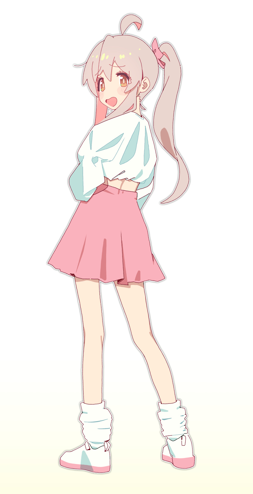 1girl absurdres ahoge blush brown_eyes crop_top full_body gradient_background grey_hair highres long_hair looking_at_viewer looking_back multicolored_hair onii-chan_wa_oshimai! open_mouth oyama_mahiro pink_hair shinnyu shoes simple_background skirt socks solo standing twintails white_footwear white_socks
