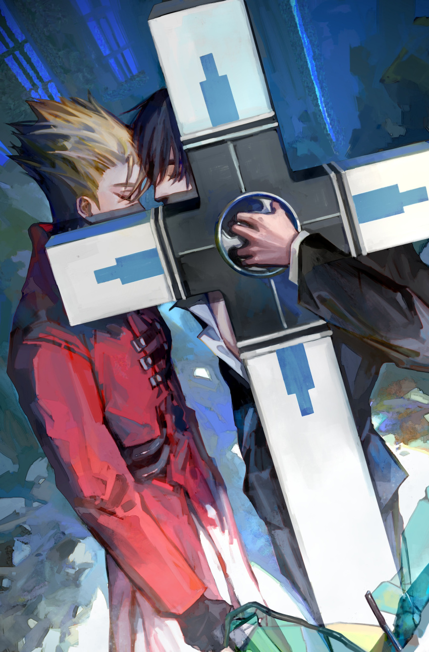 2boys absurdres black_coat black_gloves black_hair black_pants blonde_hair blue_background closed_eyes coat cross ex5555551 forehead-to-forehead formal gloves hair_between_eyes heads_together highres holding holding_weapon implied_yaoi male_focus multiple_boys multiple_views nicholas_d._wolfwood pants red_coat shirt short_hair standing suit trigun trigun_stampede vash_the_stampede weapon white_shirt