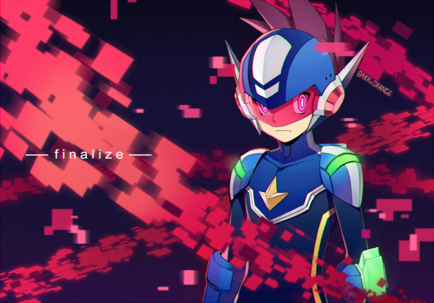 1boy black_background brown_hair commentary_request english_text geo_stelar_(mega_man) helmet highres looking_at_viewer male_focus mega_man_(series) mega_man_star_force modela_(baka_x_orange) red_eyes simple_background solo spiky_hair