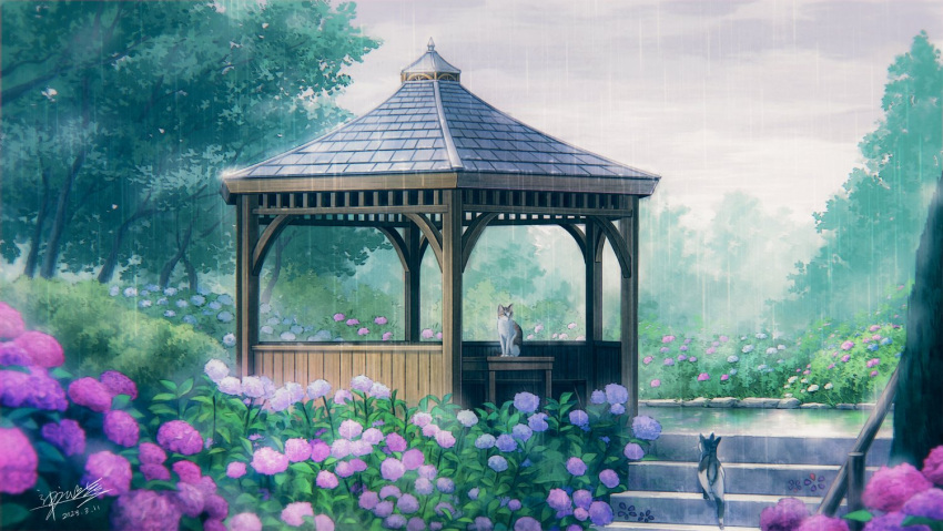 architecture artist_name bush cat clouds cloudy_sky commentary_request dated flower forest gazebo hydrangea kaminaga_mutsumi looking_at_another nature no_humans original overcast pavilion pink_flower railing rain scenery signature sitting sky stairs table tree