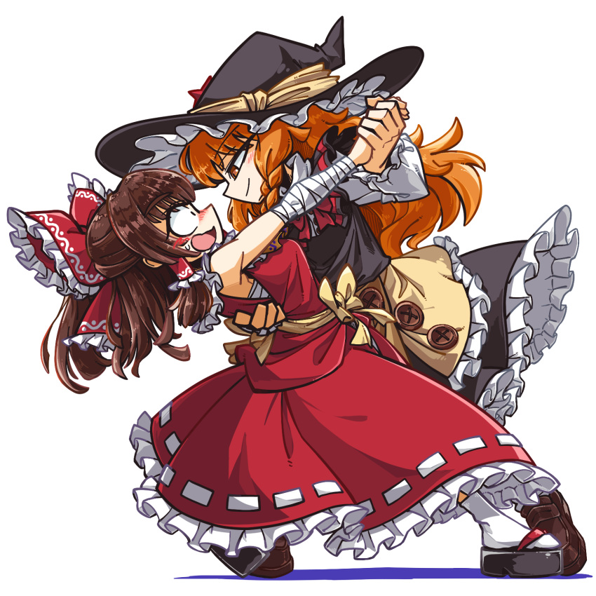 2girls amerika_zarigani azusa_(cookie) bandaged_arm bandages black_footwear black_headwear black_skirt black_vest blush bow braid brown_footwear brown_hair buttons closed_mouth collared_shirt commentary_request constricted_pupils cookie_(touhou) dancing frilled_bow frilled_hair_tubes frilled_shirt_collar frilled_sleeves frills full_body hair_bow hair_ornament hair_tubes hakurei_reimu half_updo hat highres holding_hands kanna_(cookie) kirisame_marisa loafers long_hair long_skirt looking_at_another multiple_girls open_mouth orange_eyes orange_hair red_bow red_shirt red_skirt red_star ribbon-trimmed_skirt ribbon_trim shirt shoes sidelocks simple_background single_braid skirt skirt_set sleeveless sleeveless_shirt smile socks star_(symbol) star_hair_ornament surprised touhou vest white_background white_shirt white_socks witch_hat yuri zouri