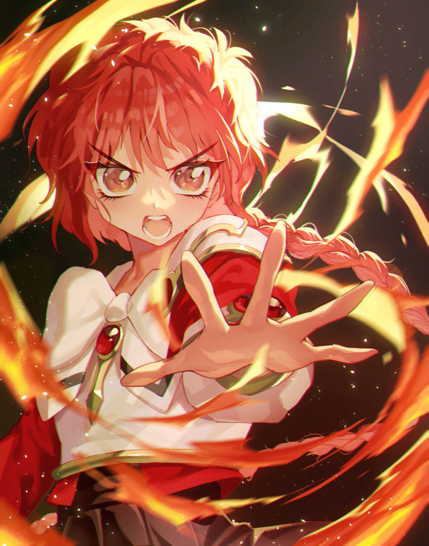 1girl absurdres angry black_background blurry bow braid depth_of_field fire foreshortening highres light_particles long_hair looking_at_viewer magic_knight_rayearth marimoppoi open_mouth outstretched_hand red_eyes redhead school_uniform shidou_hikaru single_braid solo teeth very_long_hair white_bow
