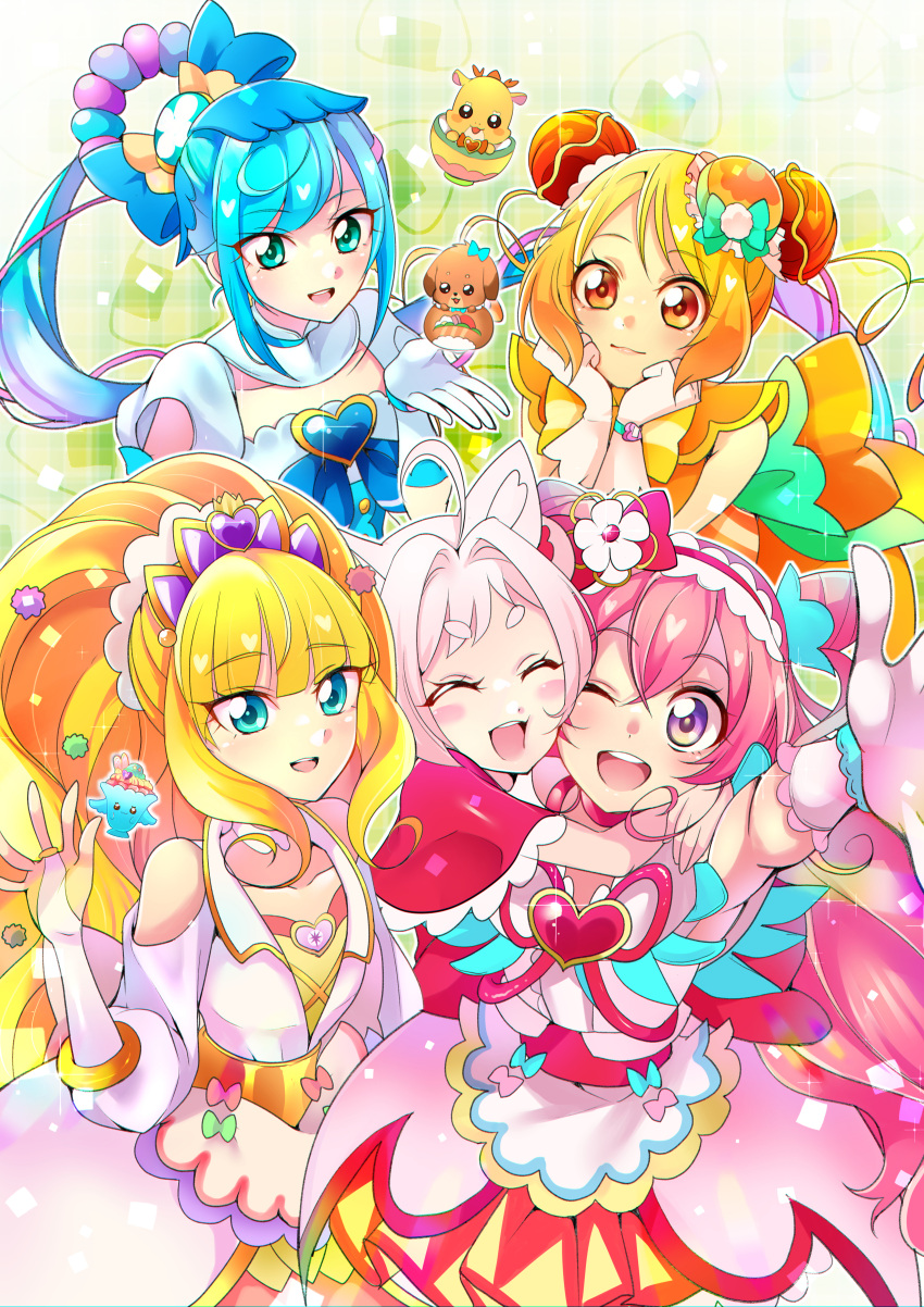5girls absurdres ahoge animal_ears arm_up arms_around_neck back_bow blonde_hair blue_bow blue_eyes blue_hair blunt_bangs bow bridal_gauntlets brooch bun_cover cheek-to-cheek choker closed_eyes closed_mouth clothing_cutout commentary cone_hair_bun cure_finale cure_precious cure_spicy cure_yum-yum delicious_party_precure dog double_bun dragon dress foreshortening fox_ears fox_girl frilled_hairband frills fuwa_kokone gloves green_eyes hair_bow hair_bun hair_intakes hair_ornament hairband hanamichi_ran hands_on_own_face heads_together heart_brooch highres hug huge_bow jacket jewelry kasai_amane kome-kome_(precure)_(human) long_hair looking_at_viewer magical_girl mem-mem_(precure) mitsuki_tayura multiple_girls nagomi_yui off-shoulder_dress off_shoulder one_eye_closed open_mouth orange_bow orange_dress pam-pam_(precure) pink_hair pink_skirt precure purple_skirt recipipi red_bow red_choker red_eyes short_hair shoulder_cutout side_ponytail skirt sleeveless sleeveless_dress smile sparkle standing tiara triple_bun very_long_hair violet_eyes waving white_gloves white_jacket wide_ponytail