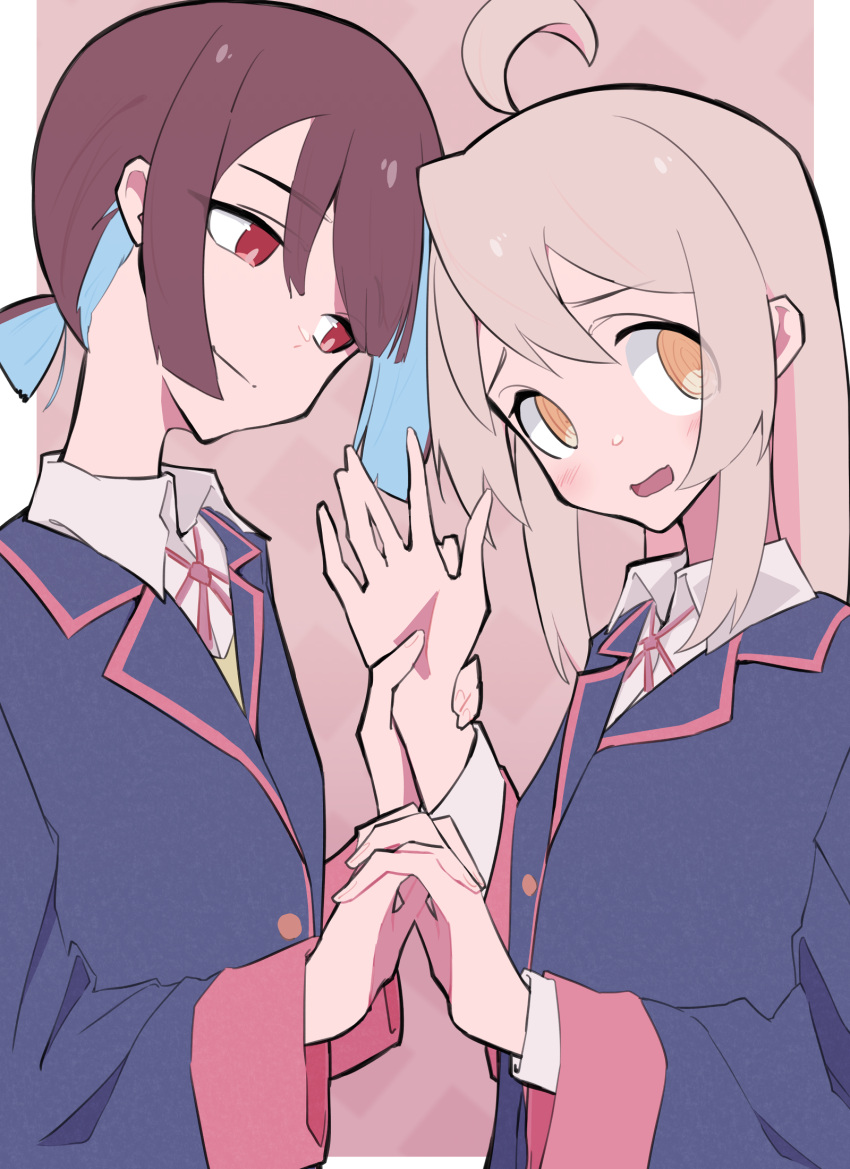 2girls @_@ ahoge black_jacket blue_hair brown_eyes brown_hair colored_inner_hair commentary eyes_visible_through_hair hair_between_eyes highres holding_another's_wrist holding_hands hozuki_momiji interlocked_fingers jacket light_blush long_hair long_sleeves looking_at_another multicolored_hair multiple_girls neck_ribbon onii-chan_wa_oshimai! open_mouth oyama_mahiro pink_background pink_hair red_ribbon ribbon school_uniform shirt short_hair short_ponytail simple_background smile swiz667 two-tone_hair upper_body white_shirt wing_collar yellow_eyes yuri