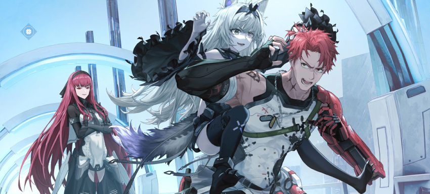 1boy 2girls animal_ears artist_request belt bow carrying colored_skin crossed_arms dog_tags fangs fingernails glaring grabbing_another's_hair hairband heterochromia highres long_hair mechanical_arms mechanical_parts multiple_girls no.21_(punishing:_gray_raven) noctis_(punishing:_gray_raven) official_art piggyback punishing:_gray_raven red_eyes redhead sharp_fingernails sharp_toenails smile tail tattoo thigh-highs toenails vera_(punishing:_gray_raven) white_hair white_skin wolf_ears wolf_tail