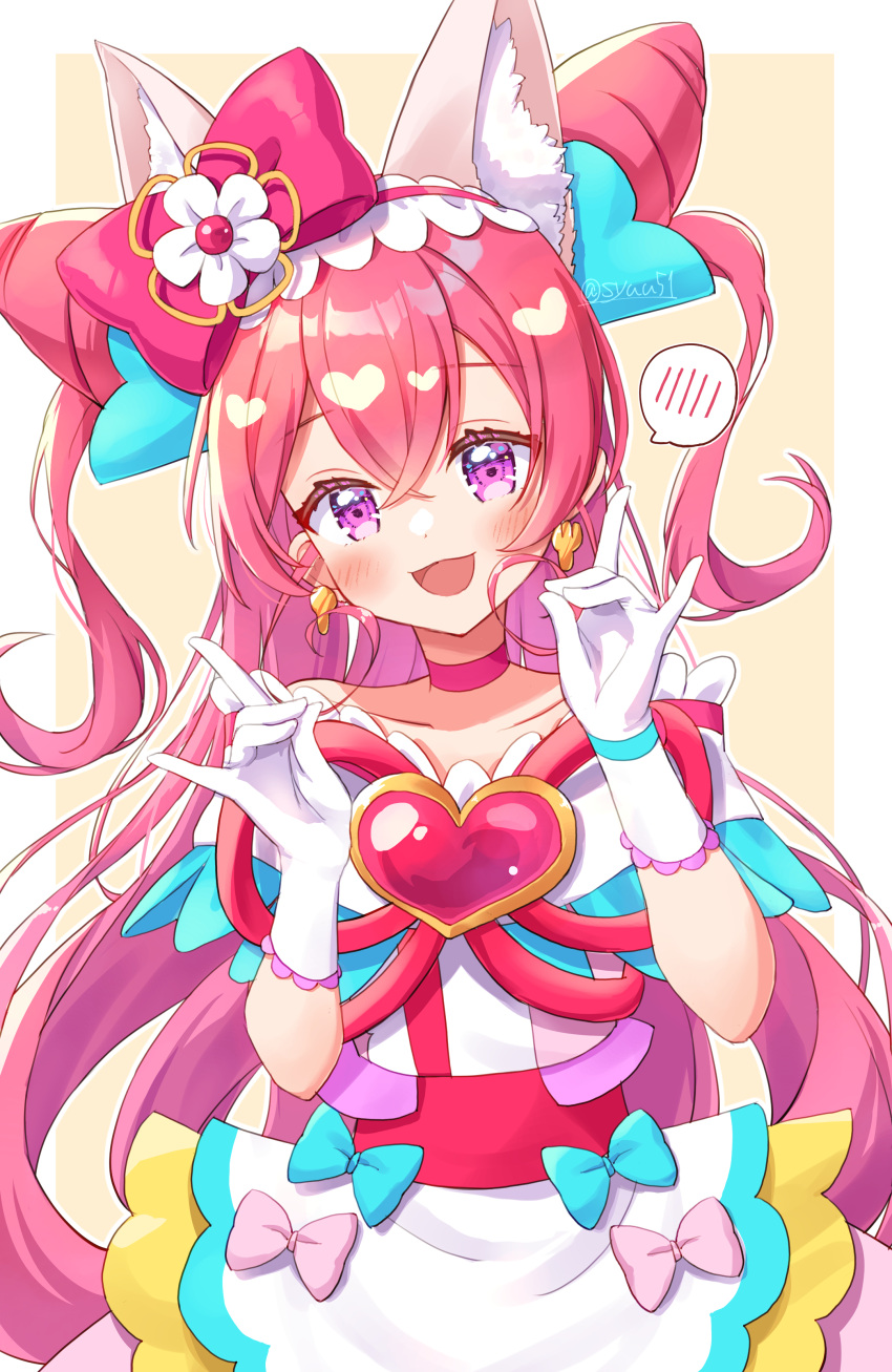 1girl absurdres animal_ears apron bow brooch choker cone_hair_bun cowboy_shot cure_precious delicious_party_precure double_bun dress earrings fox_ears fox_shadow_puppet frilled_hairband frills fusion gloves hair_bow hair_bun hairband heart_brooch highres jewelry kome-kome_(precure) long_hair looking_at_viewer magical_girl nagomi_yui off-shoulder_dress off_shoulder open_mouth pink_choker pink_hair precure red_bow shuu_(mniarnoakou) smile solo spoken_blush standing twitter_username two_side_up very_long_hair violet_eyes waist_apron white_dress white_gloves