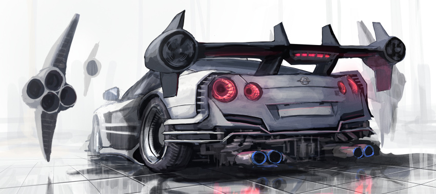 absurdres car from_behind highres motor_vehicle nissan nissan_gt-r no_humans original science_fiction shiyo_tsubame solo spoiler_(automobile) sports_car thrusters vehicle_focus