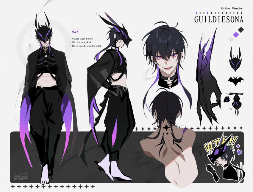 1boy 3000x4500 :p black_hair bondage_outfit earrings full_body highres jewelry long_sleeves looking_at_viewer male_focus original pink_eyes purple_hair reference_sheet short_hair_with_long_locks standing tongue tongue_out
