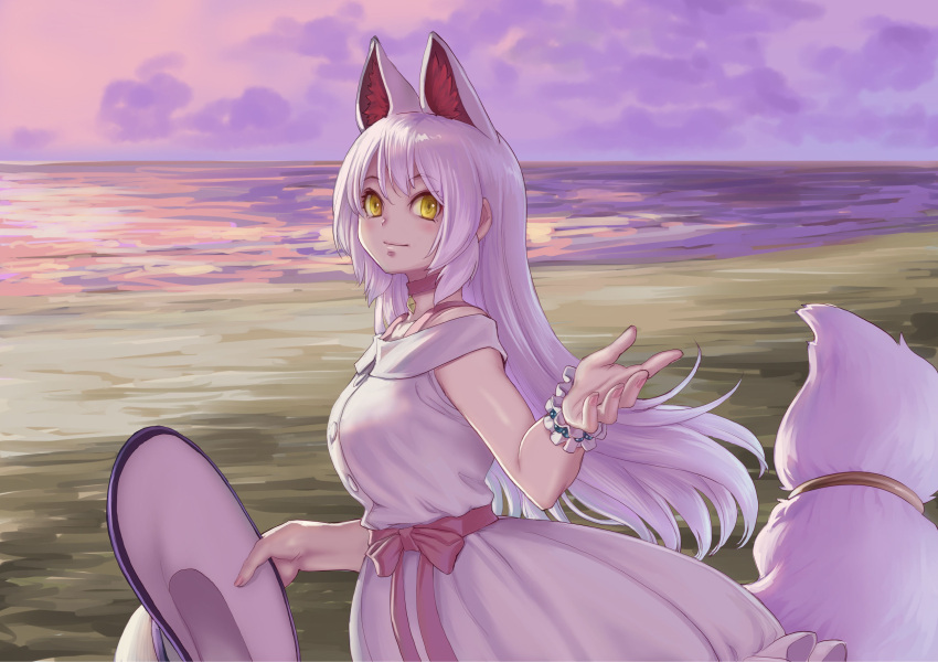 1girl animal_costume animal_ear_fluff animal_ears beach choker closed_mouth dress extra_ears fox_ears fox_girl fox_tail hat highres kemono_friends kemono_friends_3 kosai_takayuki long_hair looking_at_viewer oinari-sama_(kemono_friends) ribbon solo summer tail white_hair yellow_eyes