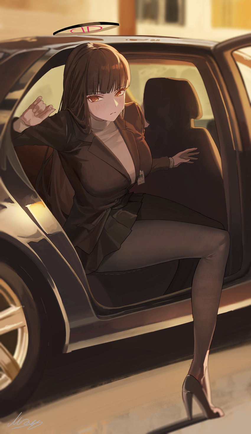1girl black_coat black_hair blue_archive car coat halo highres limousine m.q_(mqkyrie) motor_vehicle red_eyes rio_(blue_archive) solo sweater thigh-highs white_sweater