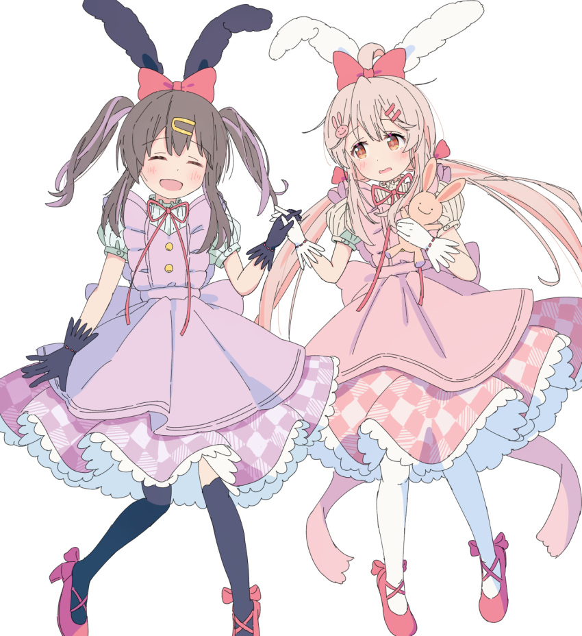 2girls :d ^_^ ahoge animal_ears black_gloves black_hair black_thighhighs blush bow brown_eyes closed_eyes dress fake_animal_ears gloves hair_between_eyes hair_bow hair_ornament hairclip high_heels highres holding_hands interlocked_fingers long_hair low_twintails multicolored_hair multiple_girls neck_ribbon onii-chan_wa_oshimai! open_mouth oyama_mahiro oyama_mihari pink_hair puffy_short_sleeves puffy_sleeves purple_hair rabbit_ears rabbit_hair_ornament red_bow red_footwear red_ribbon ribbon shoes short_sleeves siblings simple_background sisters smile stuffed_animal stuffed_rabbit stuffed_toy tetesudeesu thigh-highs twintails two-tone_hair white_background white_gloves white_thighhighs