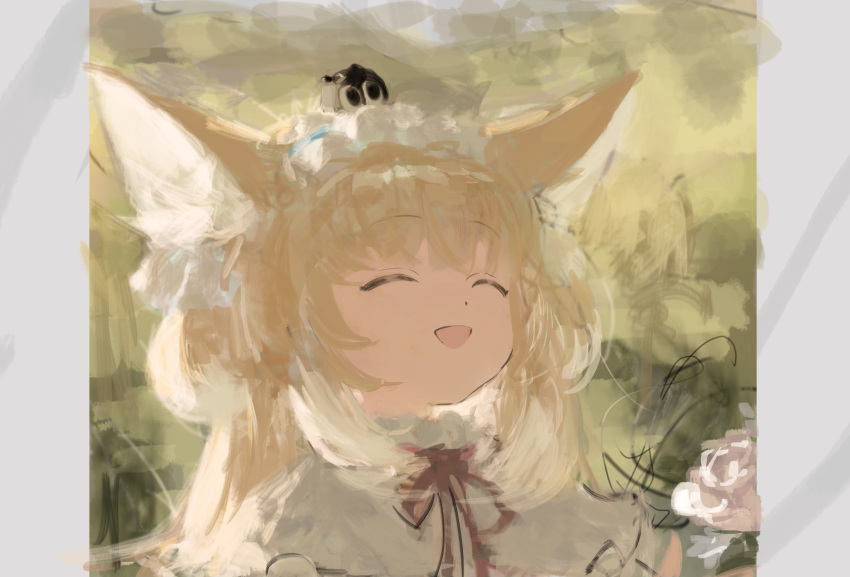 :d ^_^ absurdres animal_ear_fluff animal_ears animal_on_head arknights backlighting blue_hairband blurry blurry_background border cat cat_on_head closed_eyes fox_ears fox_girl fox_tail frilled_hairband frills hairband heixiu highres kitsune koba_(jdhikdjdkfiwufh) long_hair neck_ribbon on_head painterly pillarboxed red_ribbon ribbon sketch smile suzuran_(arknights) suzuran_(spring_praise)_(arknights) tail the_legend_of_luo_xiaohei white_border