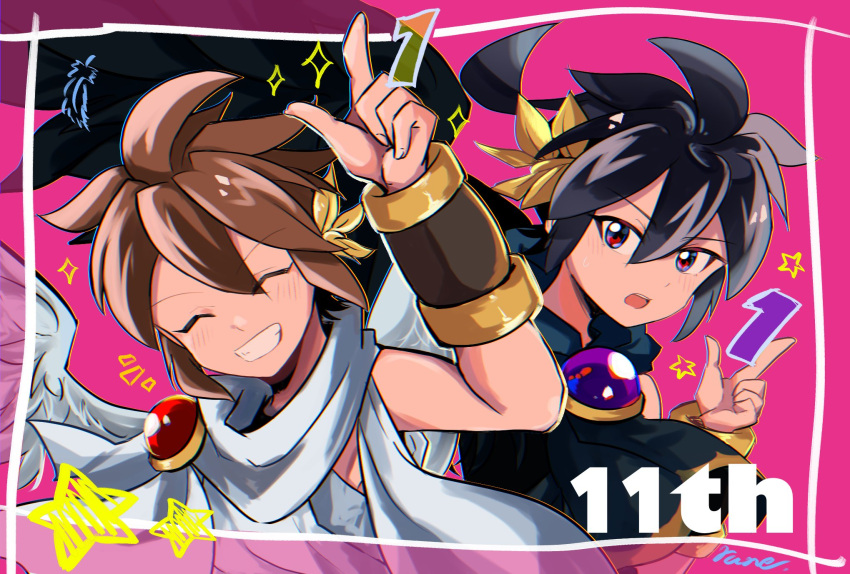 2boys angel angel_wings anniversary black_hair black_wings brown_hair closed_eyes dark_pit feathered_wings hand_up highres kid_icarus kid_icarus_uprising laurel_crown looking_at_viewer multiple_boys pit_(kid_icarus) rune_(ruupokesmash54) siblings signature smile star_(symbol) teeth twins upper_body white_wings wings