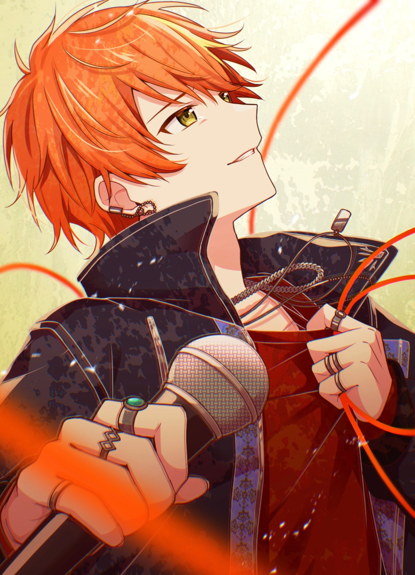 1boy blonde_hair chain_necklace ear_chain earrings highres holding holding_microphone jewelry long_sleeves male_focus microphone multicolored_hair multiple_rings necklace orange_hair project_sekai ring shinonome_akito short_hair streaked_hair stud_earrings teneko02 yellow_eyes