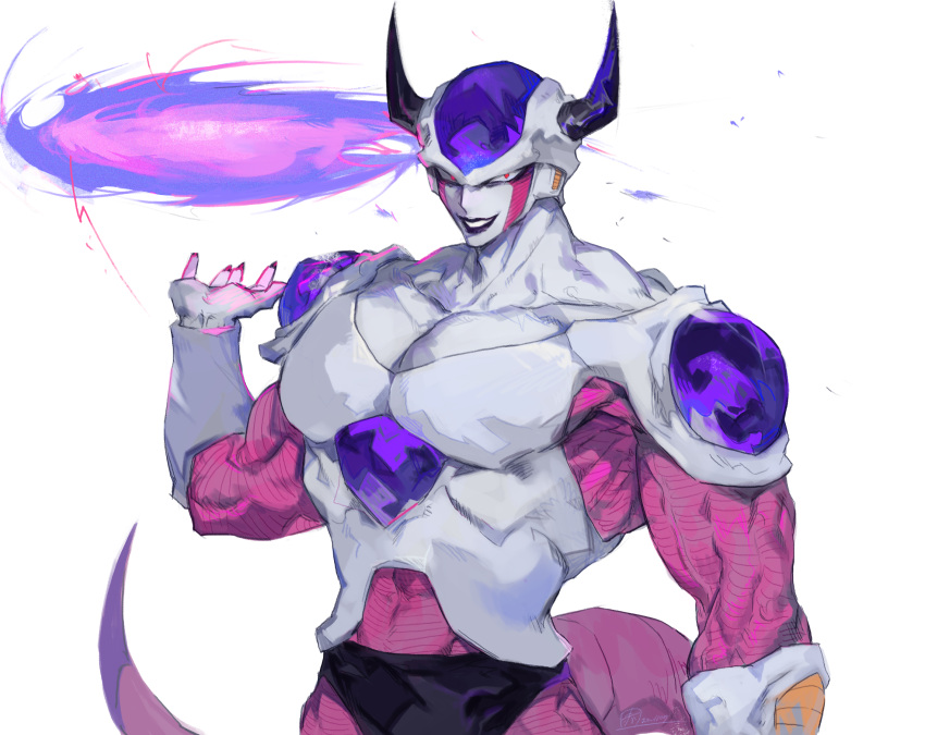 1boy akame_(chokydaum) black_lips black_nails collarbone dragon_ball dragon_ball_z energy_disk evil_smile fingernails frieza highres horns large_pectorals looking_at_viewer muscular muscular_male open_mouth pectorals red_eyes sharp_fingernails simple_background smile solo tail white_background