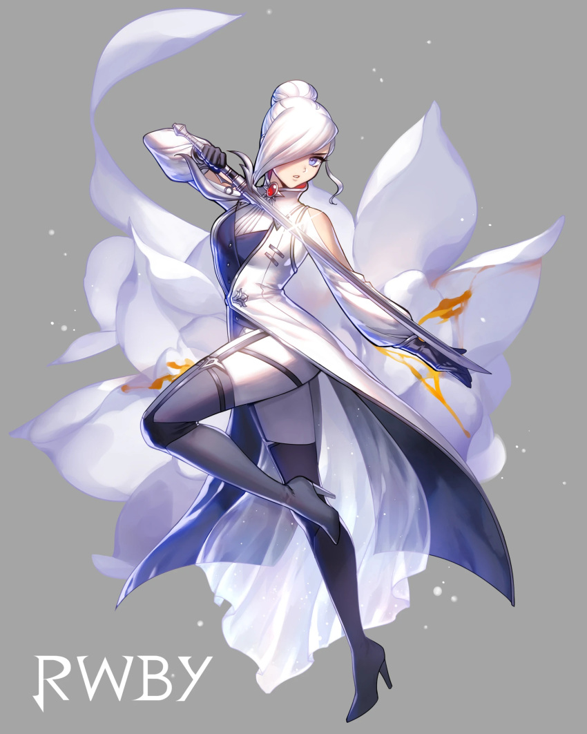 1girl arm_up black_sky blue_eyes boots breasts coat coattails copyright_name ein_lee floral_background full_body glint grey_background hair_bun hair_over_one_eye high_heel_boots high_heels highres holding holding_sword holding_weapon knee_up looking_at_viewer medium_breasts official_art pants parted_lips rwby solo sword tight tight_pants weapon white_coat white_hair winter_schnee
