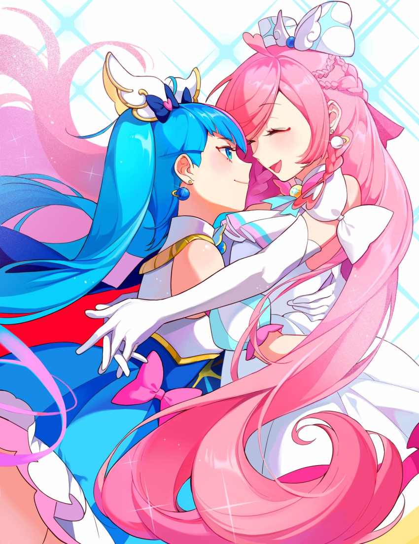 2girls ahoge bai_xin blue_cape blue_eyes blue_hair bow braid cape closed_eyes closed_mouth cure_prism cure_sky detached_sleeves dress earrings glove_bow gloves hair_ornament heart heart_ahoge highres hirogaru_sky!_precure hug jewelry long_hair magical_girl multiple_girls nijigaoka_mashiro open_mouth pink_bow pink_hair precure puffy_detached_sleeves puffy_sleeves red_cape side_braids sidelocks single_earring sora_harewataru swept_bangs twintails two-sided_cape two-sided_fabric very_long_hair white_bow white_dress white_gloves wing_hair_ornament