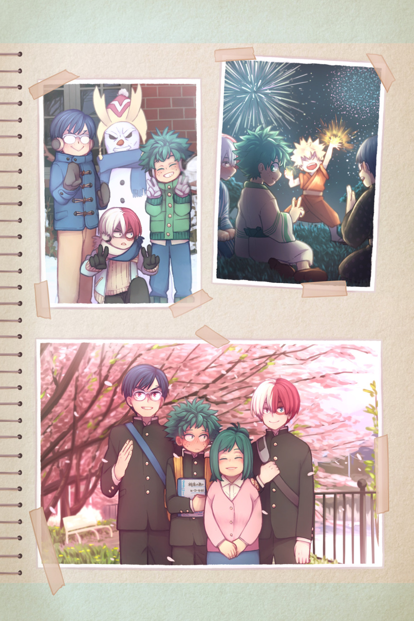 1girl 4boys aged_down all_might alternate_universe bakugou_katsuki black_hair blush boku_no_hero_academia burn_scar character_snowman child closed_eyes closed_mouth coat commentary double_v earmuffs english_commentary explosion fireworks freckles gakuran green_eyes green_hair hat highres holding holding_notebook iggiesca iida_tenya japanese_clothes kimono long_sleeves looking_at_viewer male_child medium_hair midoriya_inko midoriya_izuku mittens mother_and_son multicolored_hair multiple_boys notebook open_mouth outdoors pants photo_(object) red_eyes redhead scar scar_on_face scarf school_uniform short_hair sitting smile snowman split-color_hair standing tape todoroki_shouto two-tone_hair v white_hair winter winter_clothes