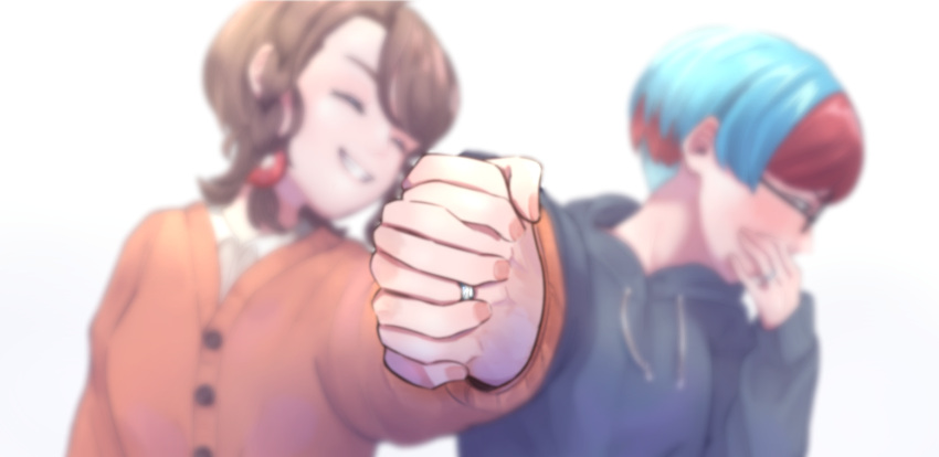 2girls blue_hair blurry blurry_background blush brown_hair closed_eyes embarrassed foreshortening glasses hand_focus holding_hands interlocked_fingers jewelry juliana_(pokemon) looking_away looking_to_the_side multicolored_hair multiple_girls penny_(pokemon) pokemon pokemon_(game) pokemon_sv redhead ring short_hair simple_background smile sweater teeth wedding_ring white_background wife_and_wife yuihan-nyanchu yuri