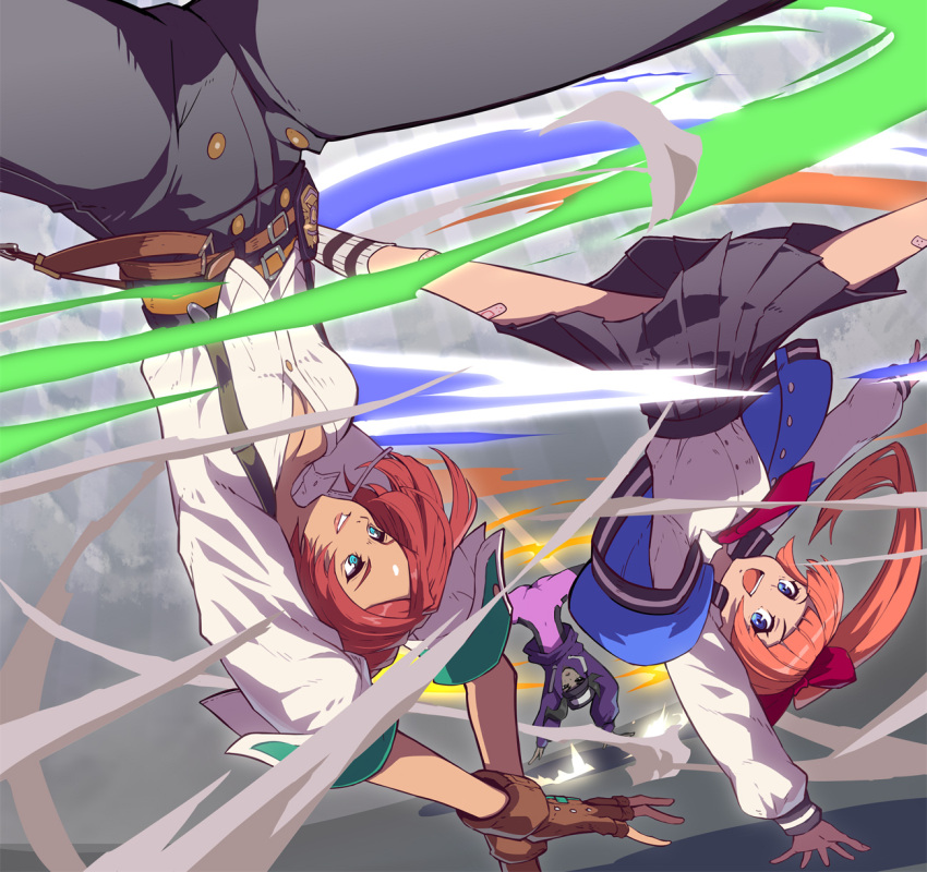 3girls belt black_hair black_skirt blue_eyes character_request closed_mouth collared_shirt copyright_request dark-skinned_female dark_skin fingerless_gloves giovanna_(guilty_gear) gloves green_eyes guilty_gear guilty_gear_strive hair_ribbon highres jacket kunio-kun_series kyoko_(kunio-kun) long_hair long_sleeves looking_at_another looking_at_viewer multiple_girls open_clothes open_jacket open_mouth orange_hair pants pleated_skirt ponytail red_ribbon redhead ribbon river_city_girls shirt skirt smile spinning_bird_kick syope white_shirt