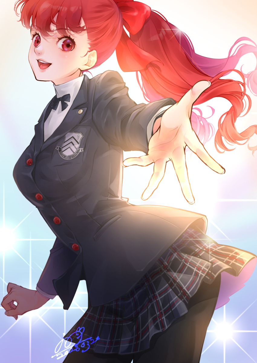 1girl black_jacket black_pantyhose bow buttons commentary_request dated floating_hair hair_bow highres jacket long_hair long_sleeves looking_at_viewer miniskirt open_mouth pantyhose persona persona_5 persona_5_the_royal plaid plaid_skirt ponytail qoo1234 red_bow red_eyes redhead school_uniform shirt shuujin_academy_school_uniform signature skirt smile solo teeth upper_teeth_only white_shirt yoshizawa_kasumi
