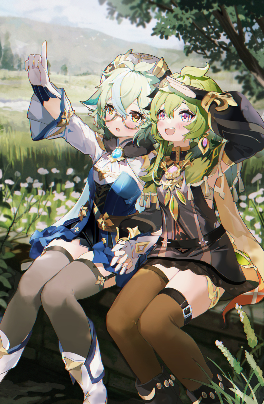 1girl 2girls ahoge animal_ears arms_up asymmetrical_legwear baggy_clothes belt black_shirt blue_dress blue_hair blush boots breasts bridal_gauntlets brown-framed_eyewear brown_thighhighs cape capelet collei_(genshin_impact) coria dress earrings garter_straps genshin_impact glasses gloves gold_trim green_capelet green_hair hair_between_eyes hair_ornament hat highres jewelry knee_boots long_sleeves medium_hair multicolored_hair multiple_girls open_mouth orange_eyes outdoors pink_gemstone pointing pointing_up semi-rimless_eyewear shirt single_earring sitting small_breasts smile streaked_hair sucrose_(genshin_impact) thigh-highs thigh_belt thigh_strap tree under-rim_eyewear violet_eyes vision_(genshin_impact) white_cape white_footwear white_gloves