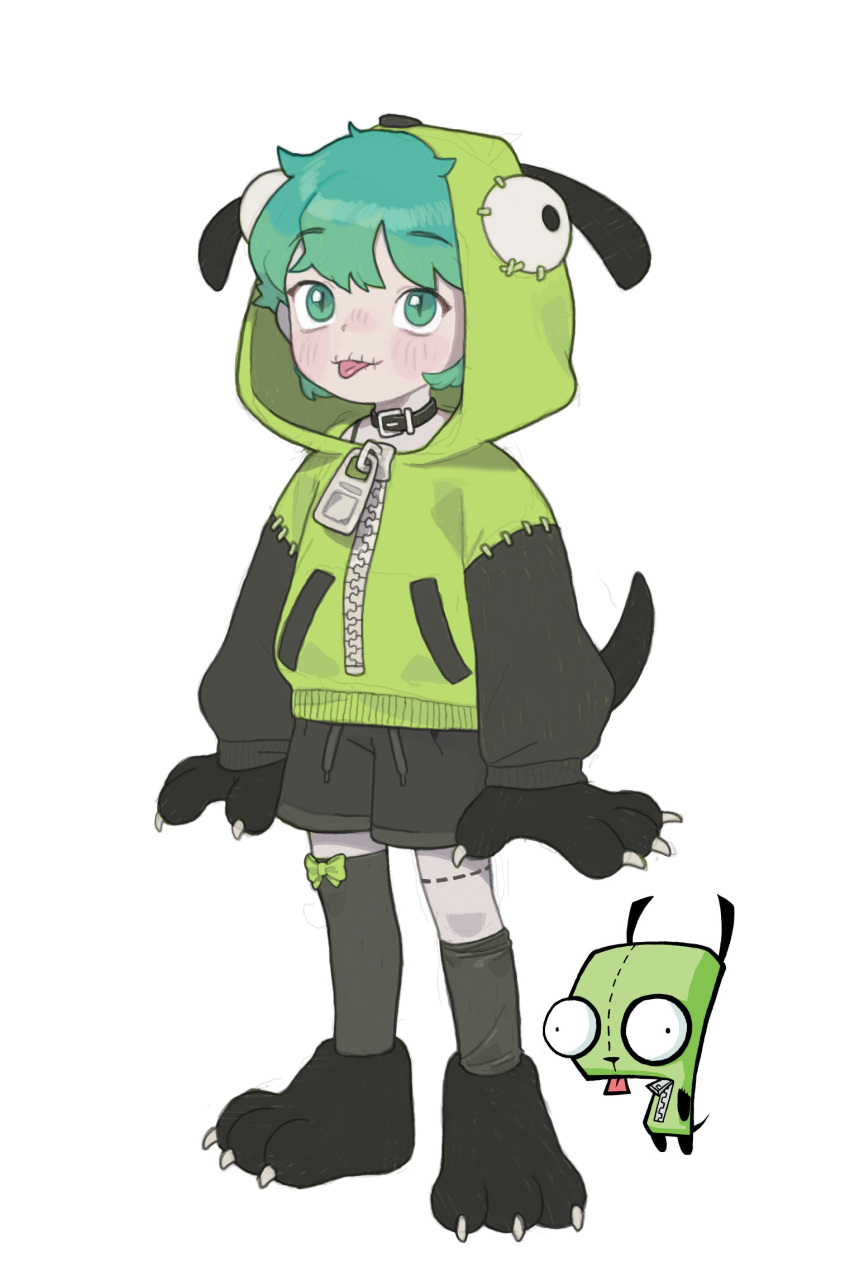 1girl animal_hands animification full_body gir_(invader_zim) gloves green_eyes green_hair green_hoodie highres hood hoodie humanization invader_zim looking_at_viewer opossumachine reference_inset simple_background solo standing stitches thigh-highs tongue tongue_out white_background zipper zipper_pull_tab