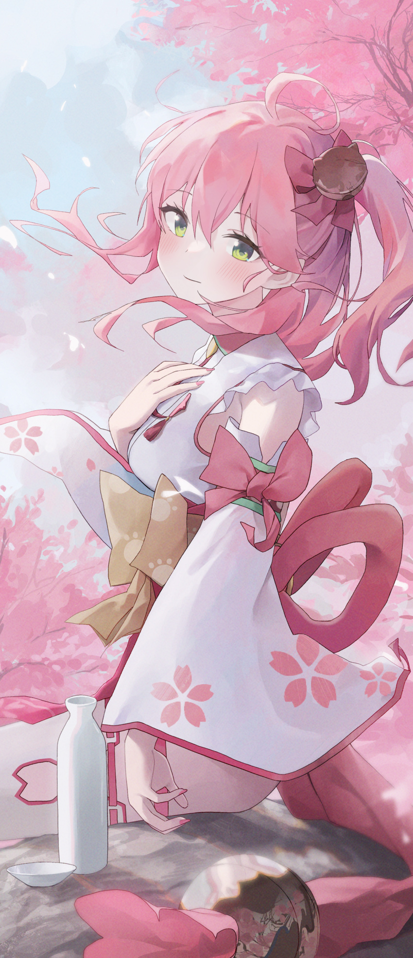 1girl absurdres ahoge alcohol bell bottle cherry_blossom_print cherry_blossoms closed_mouth day floating_hair floral_print green_eyes hair_bell hair_ornament highres hololive jingle_bell long_hair nel_dcm nontraditional_miko outdoors pink_hair sake sake_bottle sakura_miko sitting thigh-highs virtual_youtuber white_thighhighs x_hair_ornament