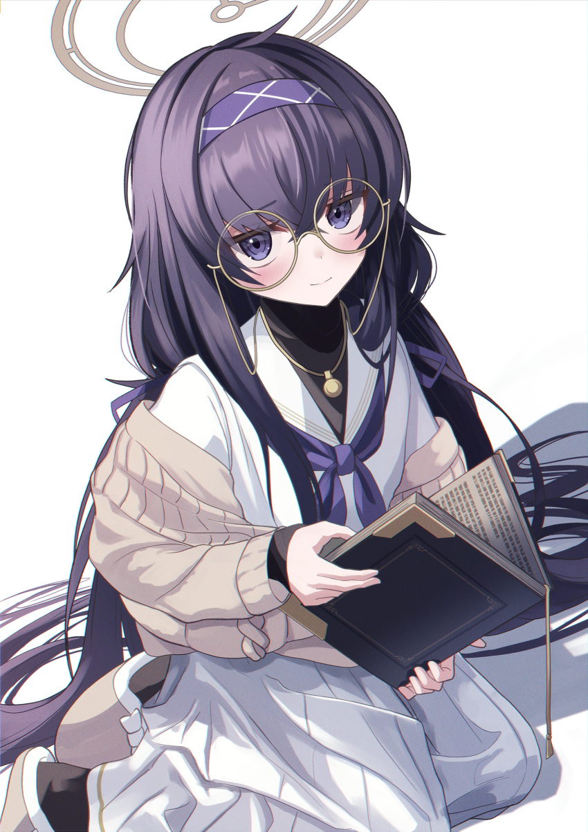 1girl bags_under_eyes black_hair black_undershirt blue_archive blue_eyes blue_hairband book cardigan commentary crossed_bangs eyewear_strap glasses grey_cardigan hair_between_eyes hair_over_shoulder hairband halo head_tilt highres holding holding_book jewelry long_hair long_skirt low_twintails neckerchief off_shoulder pendant pleated_skirt purple_neckerchief reading round_eyewear school_uniform serafuku sidelocks simple_background skirt solo twintails ui_(blue_archive) very_long_hair white_background white_serafuku xaiqi