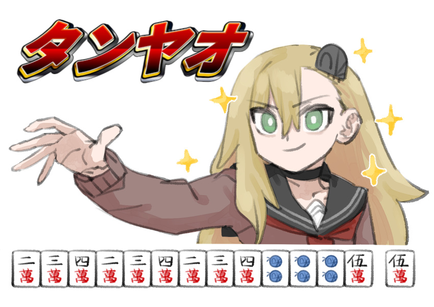 1girl arm_at_side asymmetrical_bangs black_choker black_sailor_collar blonde_hair bright_pupils brown_shirt choker cropped_torso daddycool's_tan'yao_(meme) green_eyes highres insect_hair_ornament long_hair long_sleeves looking_at_viewer mahjong mahjong_tile matangom matangomu-chan meme neckerchief original outstretched_hand pillbug red_neckerchief sailor_collar school_uniform serafuku shirt simple_background smirk smug solo sparkle translation_request v-shaped_eyebrows white_background white_pupils