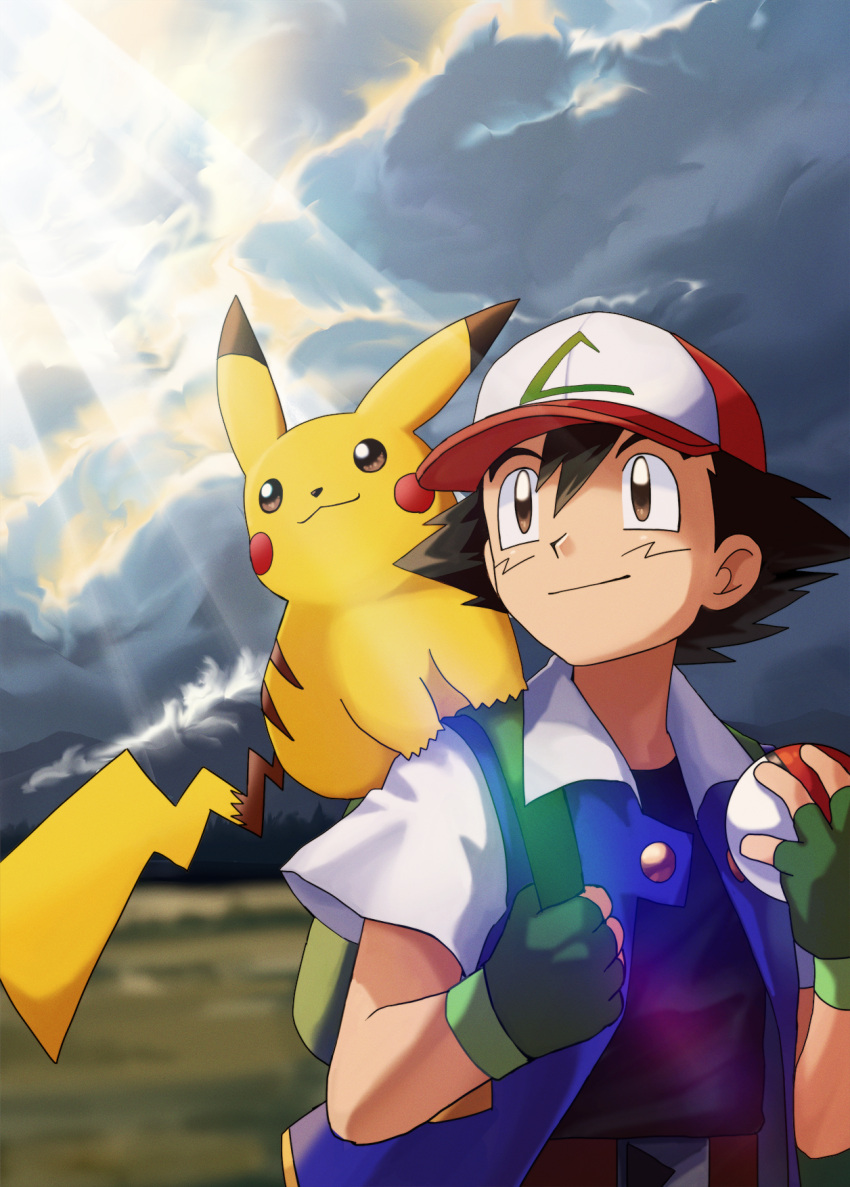 1boy ash_ketchum baseball_cap black_hair brown_eyes closed_mouth clouds cloudy_sky commentary_request fingerless_gloves gloves green_gloves hair_between_eyes hat highres holding holding_poke_ball holding_strap jacket light_rays male_focus mandei_(nao_1234567) open_clothes open_jacket outdoors pikachu poke_ball poke_ball_(basic) pokemon pokemon_(anime) pokemon_(classic_anime) pokemon_(creature) red_headwear shirt short_hair sky smile