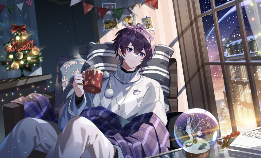 1boy 3000x4500 black_nails cup earrings highres holding holding_cup indie_virtual_youtuber jewelry long_sleeves looking_to_the_side male_focus merry_christmas pillow pom_pom_(clothes) purple_hair short_hair shoto_(vtuber) single_earring sitting snow_globe sweater violet_eyes virtual_youtuber white_sweater