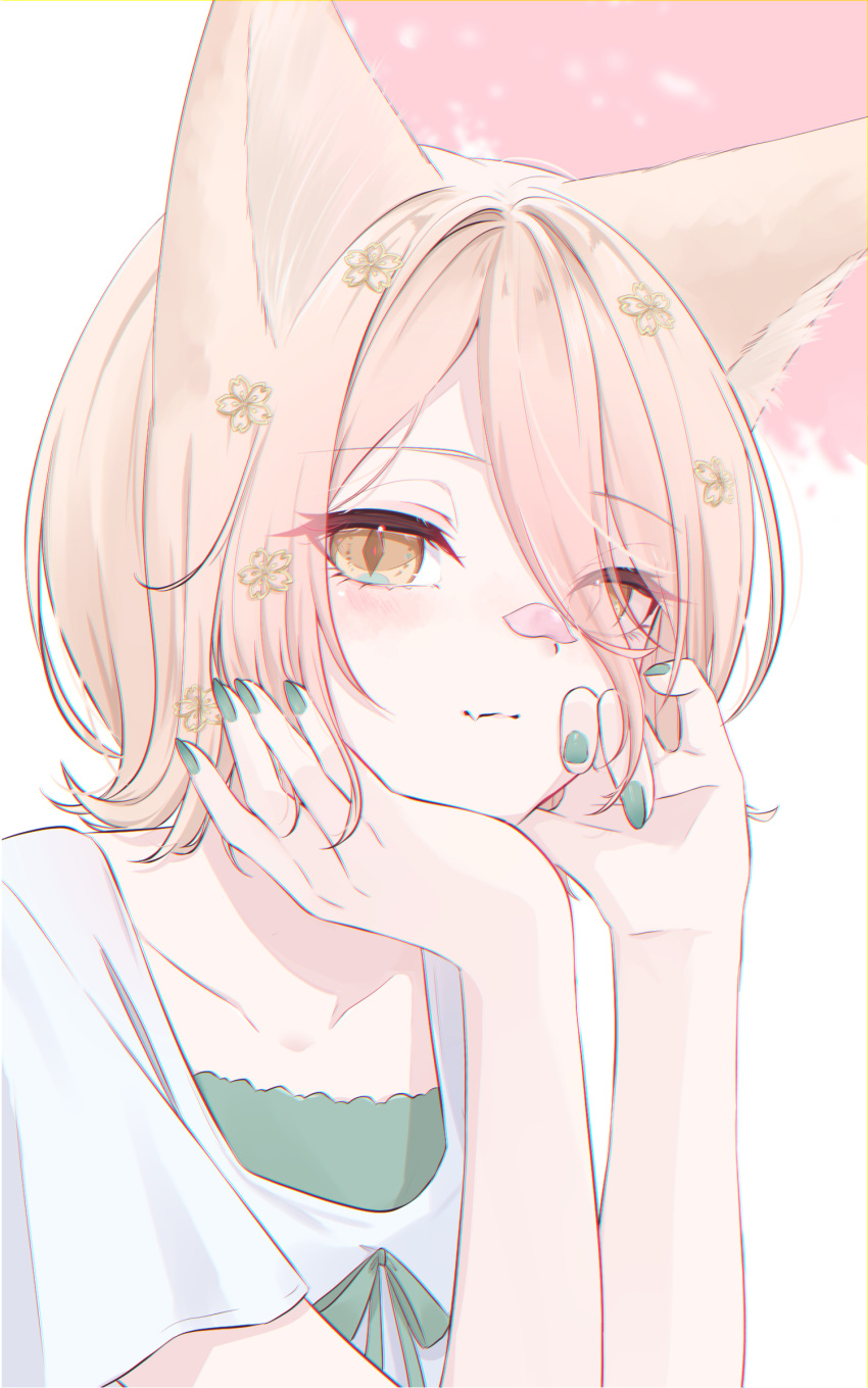 1girl absurdres animal_ear_fluff animal_ears blush brown_eyes cherry_blossoms closed_mouth eyes_visible_through_hair fang flat_chest fox_ears green_nails hair_between_eyes hair_ornament hair_over_one_eye hand_on_own_face hands_up highres kudamaki_tsukasa light_brown_hair light_smile looking_at_viewer mizore_arius nail_polish petal_on_nose petals shirt short_hair short_sleeves skin_fang slit_pupils solo touhou white_shirt